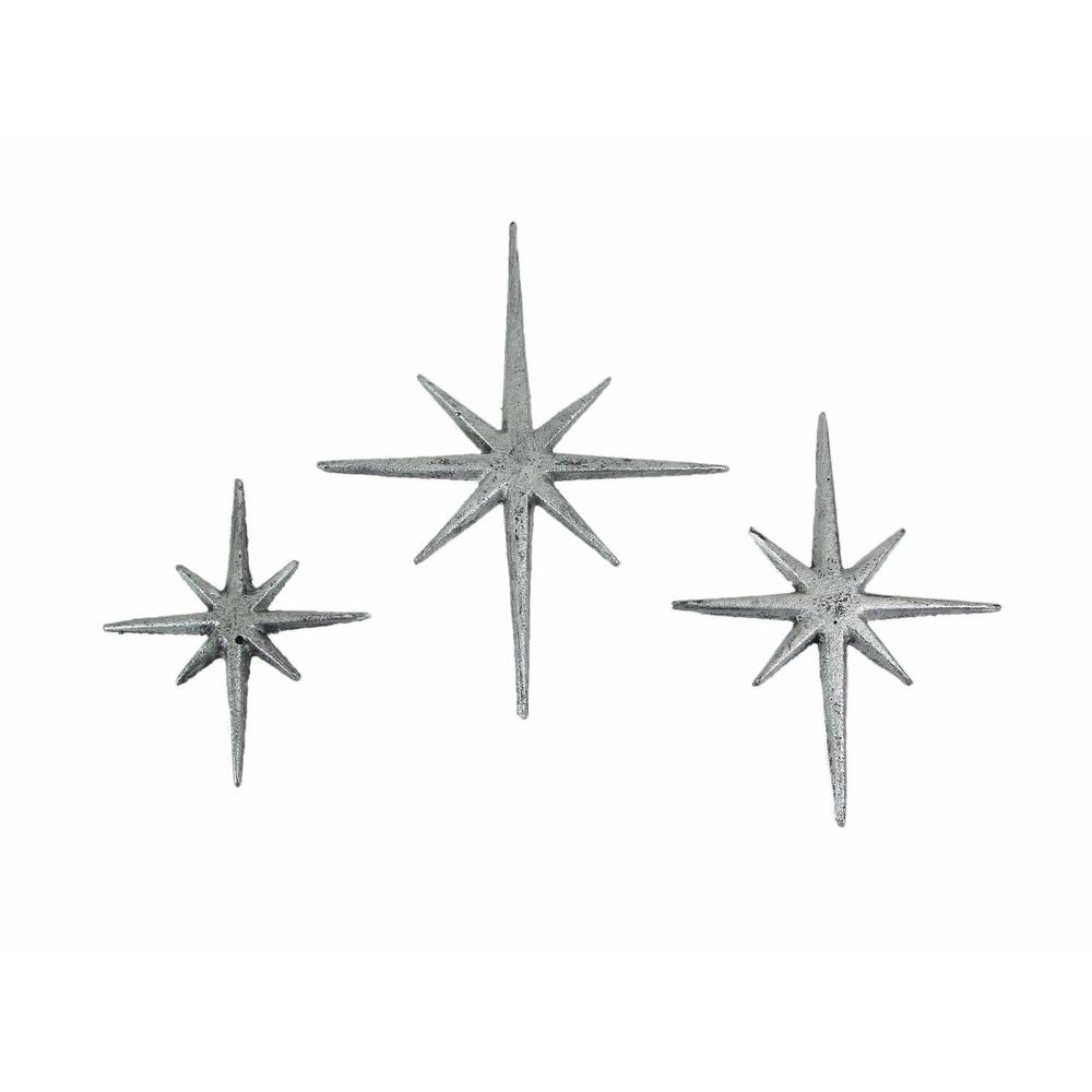 Set Of 3 Silver Finish Cast Iron 8-pointed Atomic Starburst Wall Hangings Mid🐠